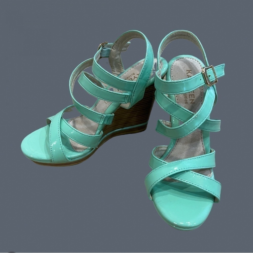 KAYLEEN by Los Angeles NEOT sea foam strappy wedge sandals with ankle buckle